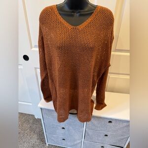Cotton Bleu Cozy V-Neck Knit Sweater in Warm Brown